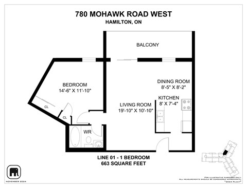 A floor plan for a one bedroom apartment at 780 Mohawk Road West, Hamilton, ON.